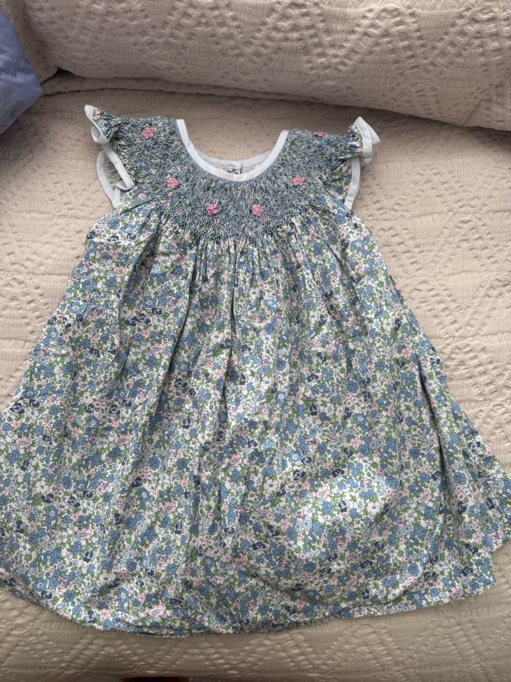 Smocked Floral Ruffle-Sleeve Dress in Blue, Green & Pink
